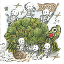 Cartoon turtle with skeletons on its back, holding a 'GO!' sign.