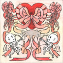 Illustration of skeletons with bows and a heart in the center on a light background