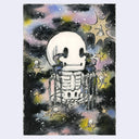 Skeletal figure with a starry night sky background