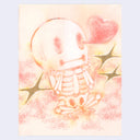 Colored pencil illustration of a cartoon skeleton sitting cross legged, resting its head in its hands. A heart comes out of its eye with sparkles.