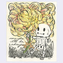 Illustration of a skeleton holding a flower with text 'maybe it'll be okay' and a large sunflower in the background.