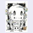 Cartoon skeleton with a large head and small body, surrounded by colorful cloud elements on a light purple background.