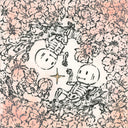 Illustration of two smiling skeletons sitting together with a star between them, surrounded by floral patterns.