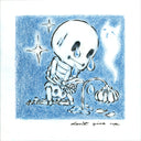 Illustration of a skeleton with a sad expression, sitting next to a wilted flower with stars and clouds in the background.