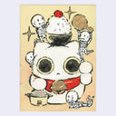 Illustration of a cute, cartoon maneki with a bowl of rice atop its head and small skeletons playing around.