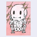 Skeletal character with a happy face on a pink background