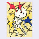 Skeletal figure with red and blue star-like shapes on a yellow background