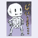Cartoon skeleton character with a surprised expression on a purple background