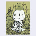 Cartoon skeleton sitting cross legged in a grassy area with rocks stacked atop its head and rock stacks nearby.