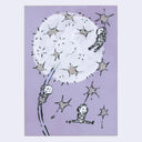 Illustration of children on a dandelion with stars against a purple background