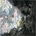 Artistic depiction of crystal formations and small figures in a dark setting