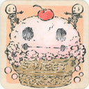 Illustration of a short and wide ice cream cone with a skeletal face within it and 2 cartoon skeletons pointing at the cherry on top.