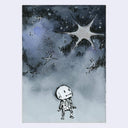 Illustration of a small figure looking up at stars in a starry night sky.