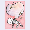 Cartoon skeleton with a heart-shaped balloon coming from its chest on a pink background
