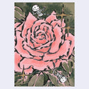 Artistic illustration of a skeleton on a pink rose with a starry background