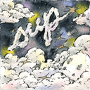 Abstract artwork with clouds, stars, and a central figure in a dark sky.
