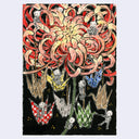 Artistic illustration of skeletons around a large flower with colorful petals on a black background.