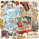 Ink and watercolor illustration of 2 large toy robots, one blue and one gold. Each have a store interior - one representing GR2 and the other representing GR1. The scene is covered with various robot toys, small skeletons and Giant Robot memorabilia. 