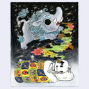 Ink and watercolor illustration of a skeleton laying down in a futon with a yokai patterned quilt. Colorful smoke comes out of its eye and into the mouth (or vice versa) of a flying elephant monster.