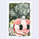 Ink and watercolor illustration of a large pink piggy bank with cute cartoon eyes. Money comes out of it with 2 small skeletons around the scene.