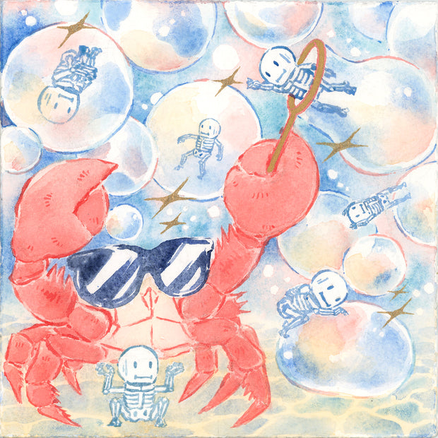 Watercolor painting of a crab with sunglasses holding a bubble wand. Large bubbles float all around with small skeleton characters interacting with them in comical and cute ways.