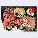 Ink and watercolor illustration of a red dinosaur shaped cart with a ferocious expression. The rider wears a spiked leather jacket and a large dinosaur head shaped helmet.