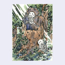 Ink and watercolor illustration of a large open trunk in a forest, with light beams shining through and 2 small cartoon skeletons playing with the hollow trunk.