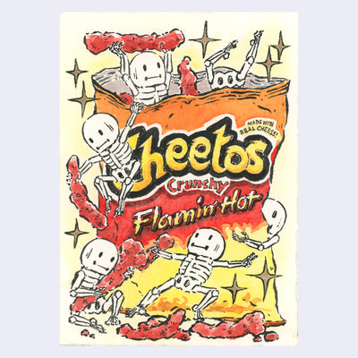 Watercolor painting of a bag of Flamin' Hot Cheetos, with small skeleton characters around the bag, holding up the chips.