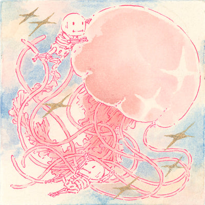 Watercolor painting of a large pink jellyfish, with 2 small skeletons hanging onto it. Gold sparkles decorate the piece.