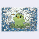 Ink and watercolor illustration of a green Kappa turtle creature surfing atop of a cucumber with crashing waves around it.