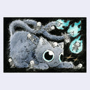 Ink and watercolor illustration of a gray fluffy cat with two tails, bright blue flames coming out the ends. Small cartoon skeletons hang around the cat.