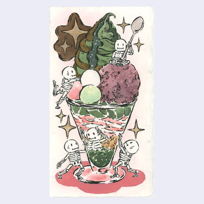 Ink and watercolor illustration of a matcha parfait, with small skeleton characters around it.