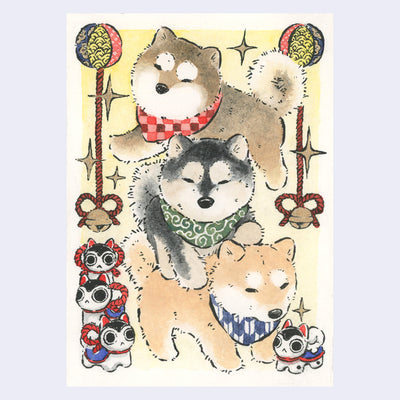 Ink and watercolor illustration of 3 fluffy shiba dogs, stacked atop of one another. Each wears a patterned scarf around its neck and decorative elements frame the scene.
