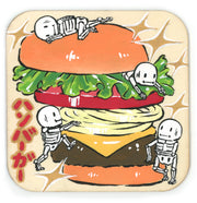 Painted wooden board, a burger with many toppings is stacked slightly off balance. Small skeleton men play around it.