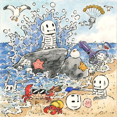 Watercolor illustration of a skeleton perched on a rock like Ariel from The Little Mermaid, with water splashing up behind it. The beach is full of small characters: more skeletons, crabs, a squid and a shark, etc.