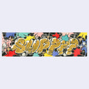 Colorful graphic design with stylized text that reads "sup???" and characters on a light blue background