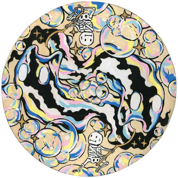 Painting of large colorful bubbles, pink, blue and yellow. 2 of the bubbles are shaped like ghostly cats with nondescript features. 2 skeletons move bubble wands, creating each of the cat ghosts.