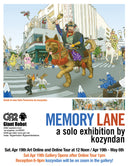 Show poster for kozyndan's solo exhibition "Memory Lane" featuring show information and an illustration of a street parade with Japanese riders atop of decored large dog mounts.