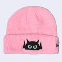 Light pink knit beanie with an embroidered robot head.