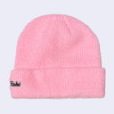 Light pink knit beanie with embroidered text on the side in cursive that reads "giant robot"