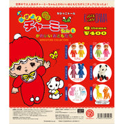 Graphic display of all options available from the Charmy Chan miniature blind box. Options are: red + yellow Charmy Chans, green + pink Charmy Chans, metallic pink + metallic blue Charmy Chans, a panda on wheels, 3 pastel woodland animals, or giraffe + deer.