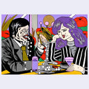Painting of a purple-haired woman and a man at dinner, the man holds an oyster with lots of pearls falling out.