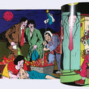 Illustrated scene with people around a fire, featuring a character with a pink tie, on a colorful background.