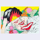 Illustration of a person with fiery face and exaggerated facial features against a colorful background