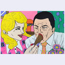 Surreal artwork of a man being fed a large piece of tempura shrimp by a woman in a bright living room.