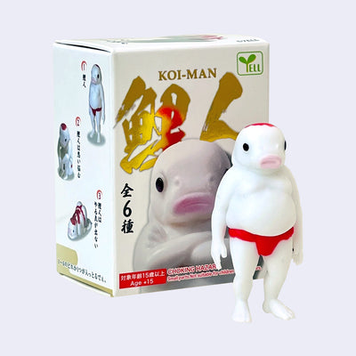 Figurine of a man who looks like a koi, standing on 2 legs and wearing a red sumo garment.