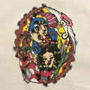 Colorful illustration of two stylized faces, with light beams shooting out of their eyes with decorative elements on a beige background