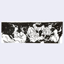 A black and white ink illustration on a skinny, rectangular sheet of paper of many long eared rabbits submerged in water and smiling and swimming.