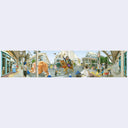 Panoramic illustration of a parade on a city street in Japan, with people dressed in retro clothing riding atop of large dog mounts, passing many people on the street.