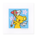 Illustration of a small white bear/mouse character holding a small staff from Sailor Moon, against a blue background with pink cherry blossom flowers.